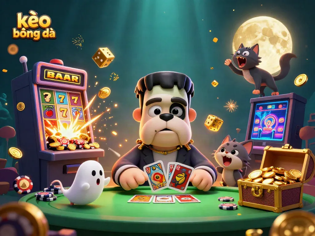 Engaging scene of kèo bóng đá with a creative mix of cartoon characters and casino elements highlighting dynamic gaming action.
