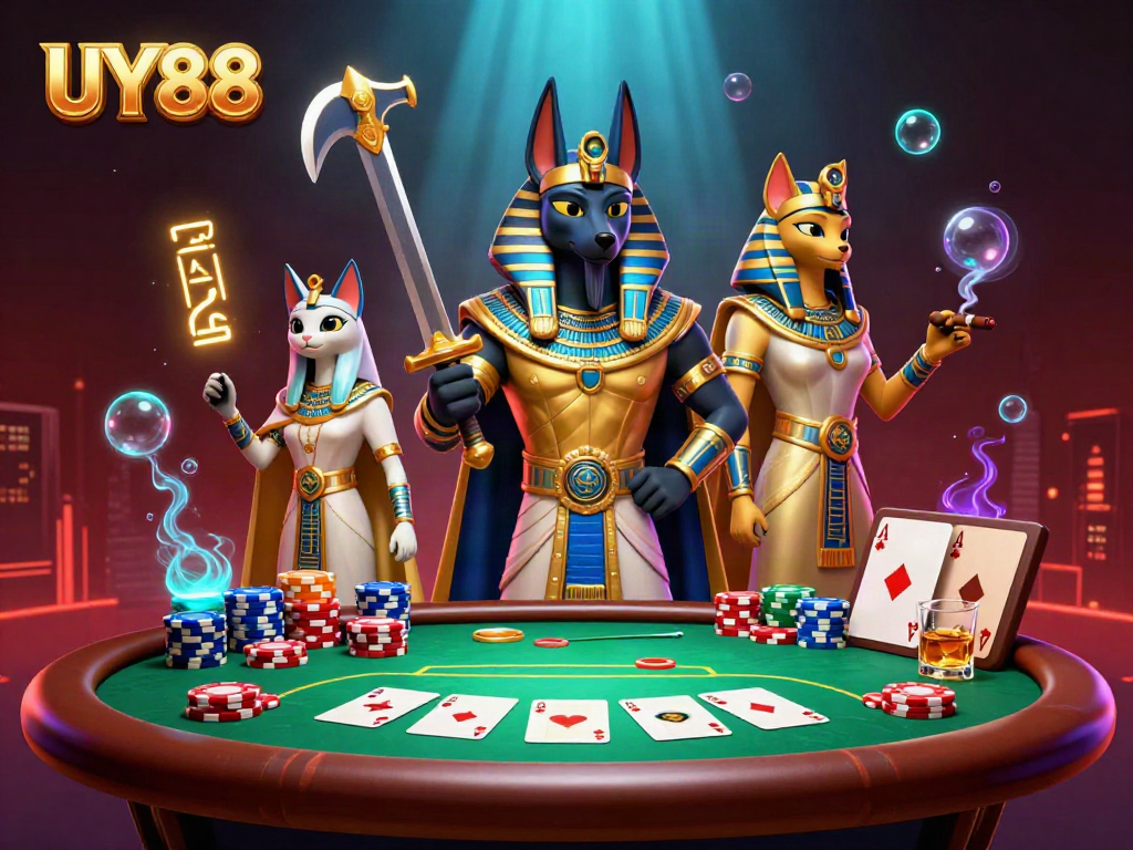 Experience the thrill of UY88 with Anubis and Bastet in an immersive gambling scene.