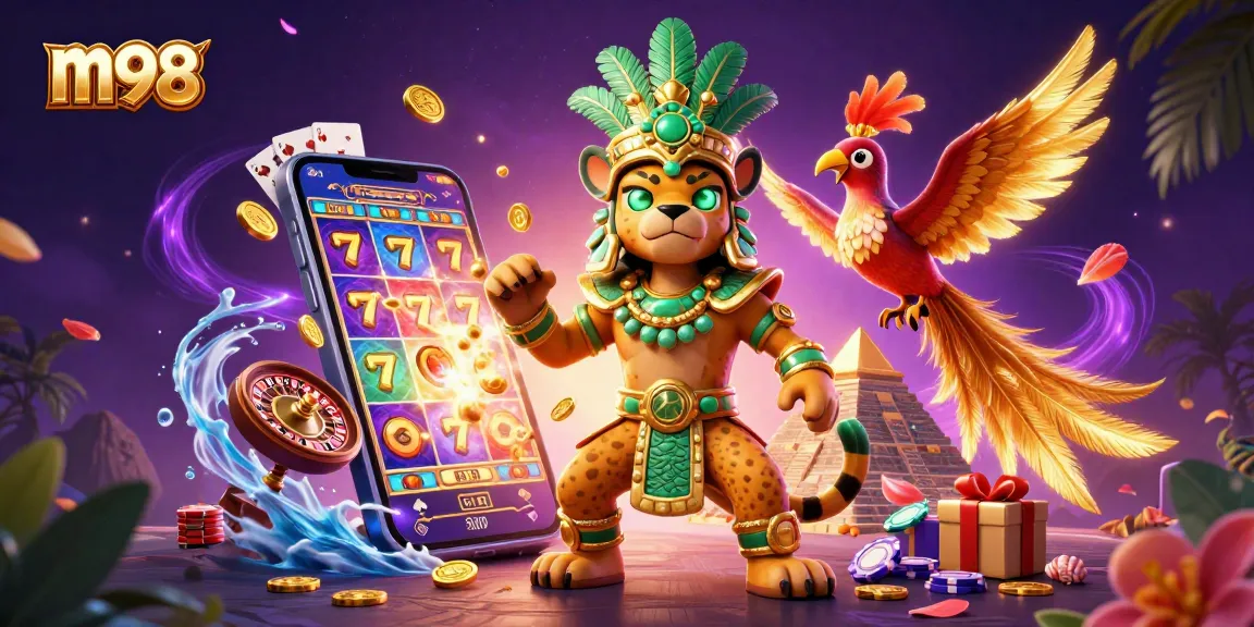 Engage with m98's vibrant slot game experience, highlighted by a Mayan jaguar priest and exciting symbols.