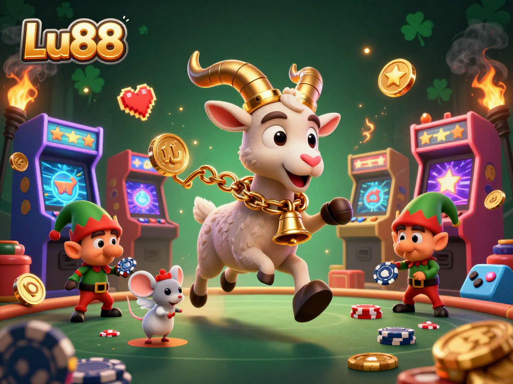 Lu88 offers an exciting casino experience with festive characters and vibrant game elements filling the scene.