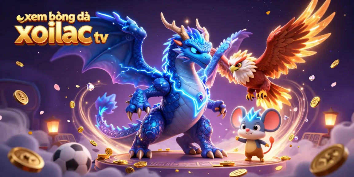 Xem bóng đá xoilac tv showcases a vibrant sports betting scene with mystical dragons and coins.
