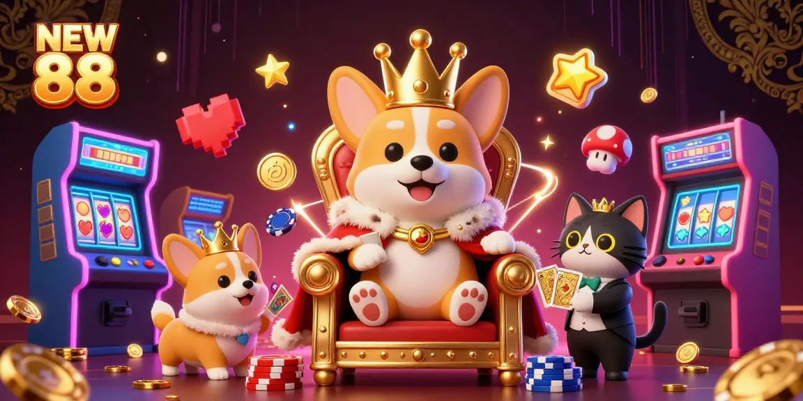 Engage with NEW 88 through an illustrated scene of a royal corgi and gaming elements.