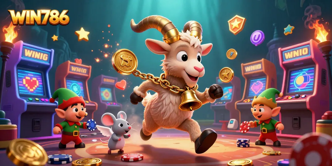 Engage in thrilling gameplay with WIN786's lively casino atmosphere featuring Krampus and mischievous characters.