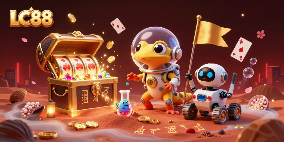 Engage in thrilling wins at LC88's vibrant online casino, with cartoon characters discovering treasures.
