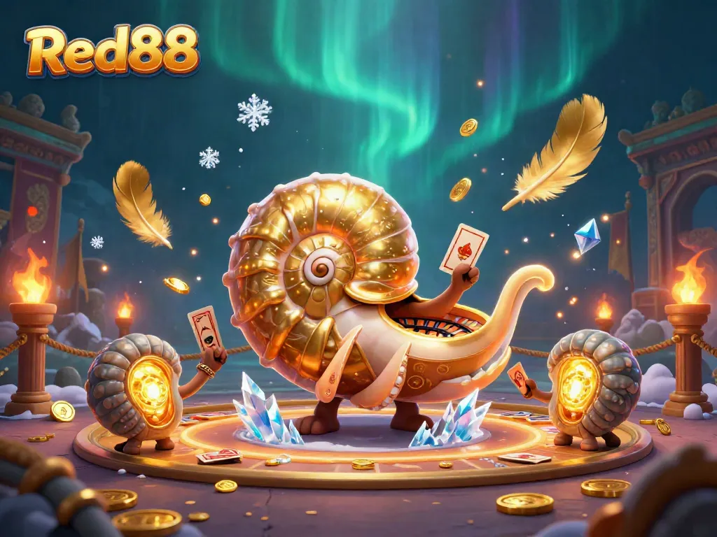 Experience exhilarating wins with Red88 as a radiant nautilus roulette wheel and golden cards light up the vibrant casino scene.