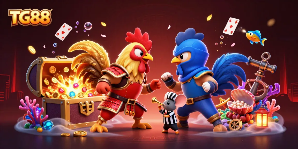 Experience thrilling action with TG88 as roosters battle amid gold coins and vibrant casino elements.