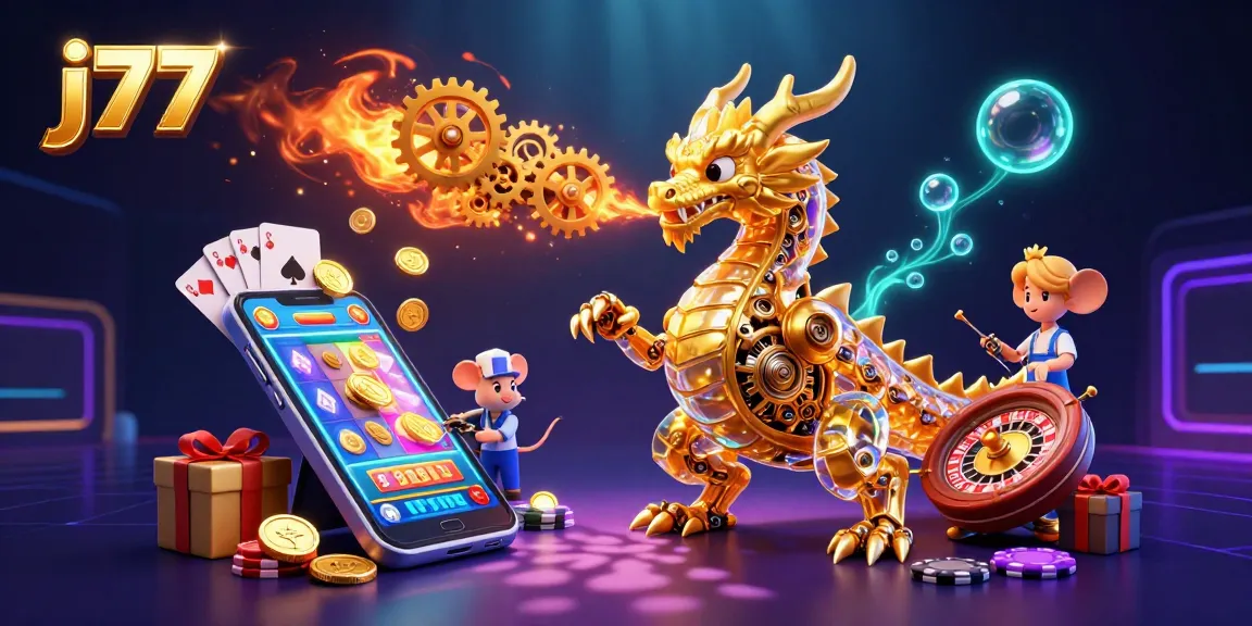 Experience excitement at j77 with a golden dragon and casino games in a vibrant 3D illustration.