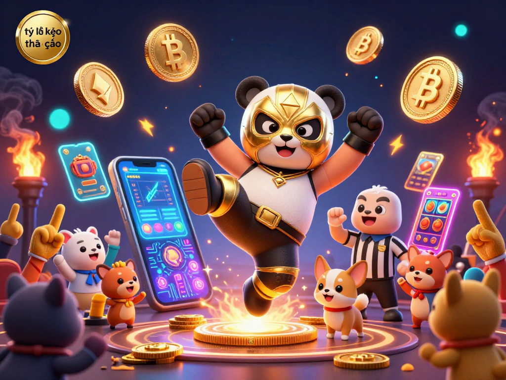 Engage with tỷ lệ kèo nhà cái as the cartoon panda wrestler takes action amidst vibrant slot game elements.