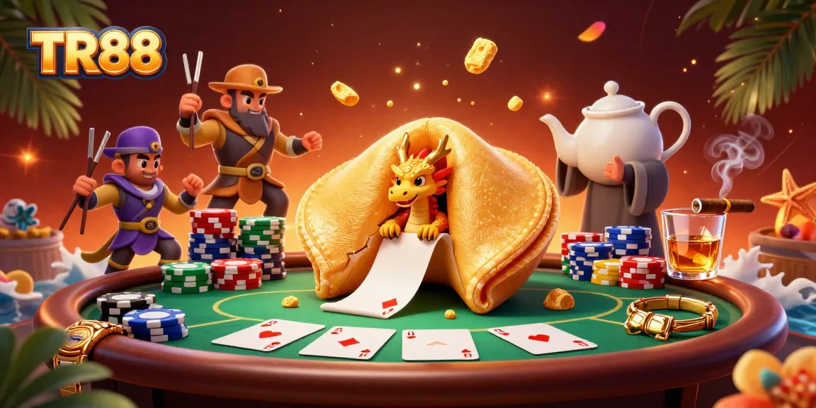 Engage with the TR88 experience as golden fortune cookies and dragon guardians animate an exciting poker scene.