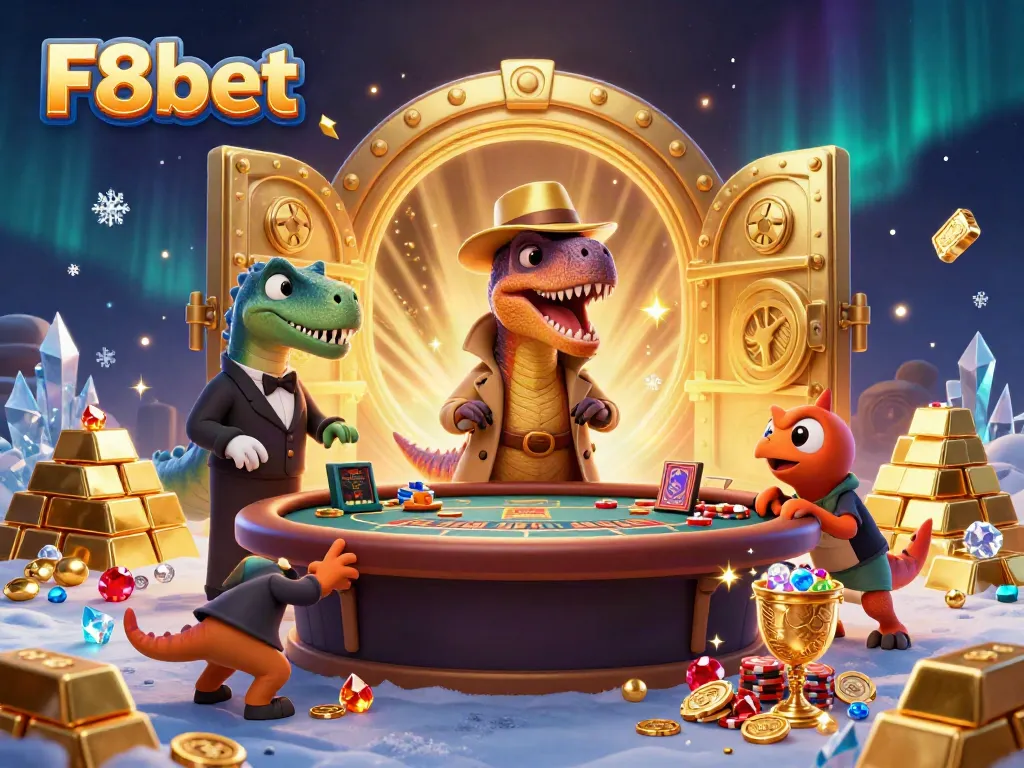 Experience the thrill of F8bet in a lively casino scene with vibrant characters and gold elements.