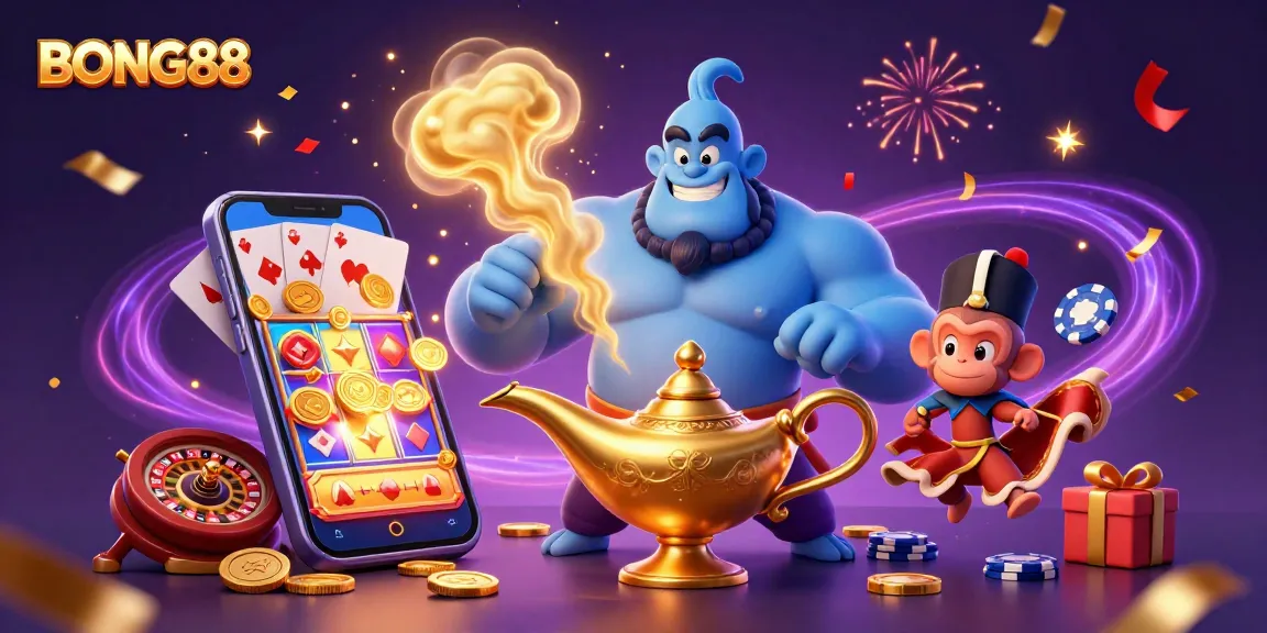 Experience the thrill of BONG88 with a dynamic 3D scene featuring a genie, monkey, and magical carpet amidst vibrant gambling elements.