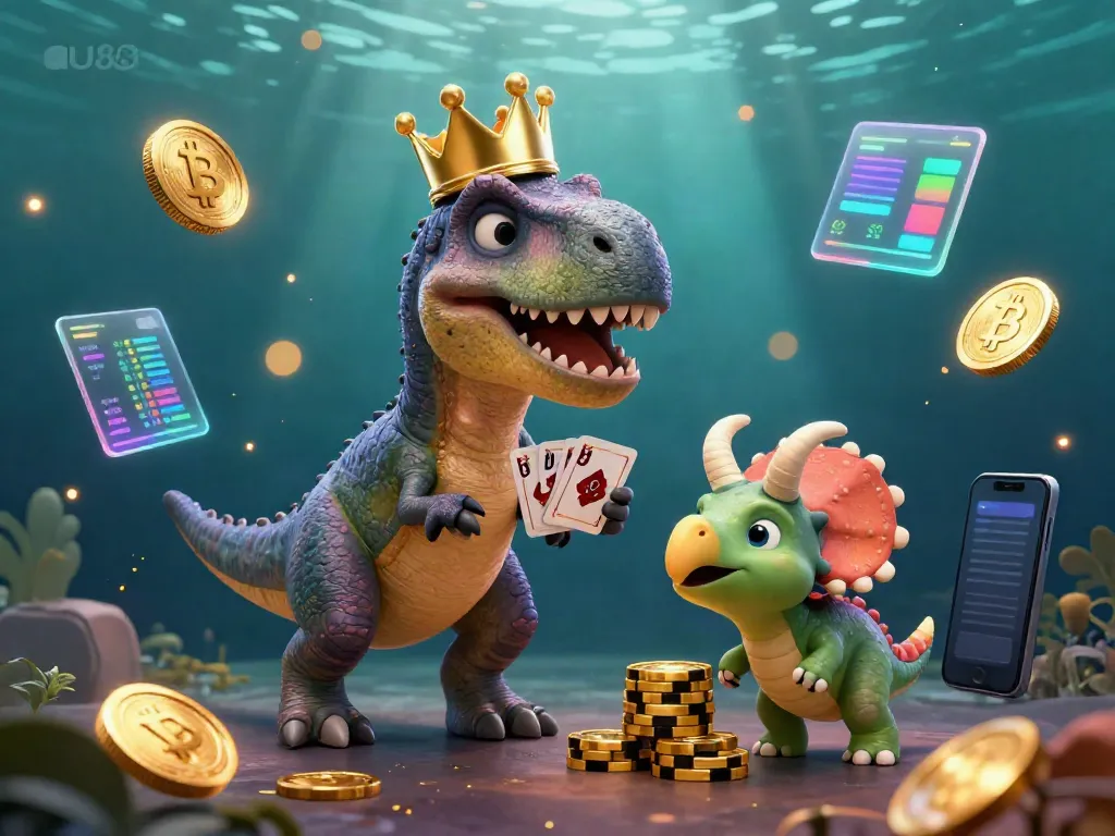 Engaging scene of au88 featuring a T-Rex and characters in a vibrant casino environment stacking chips and holding cards.