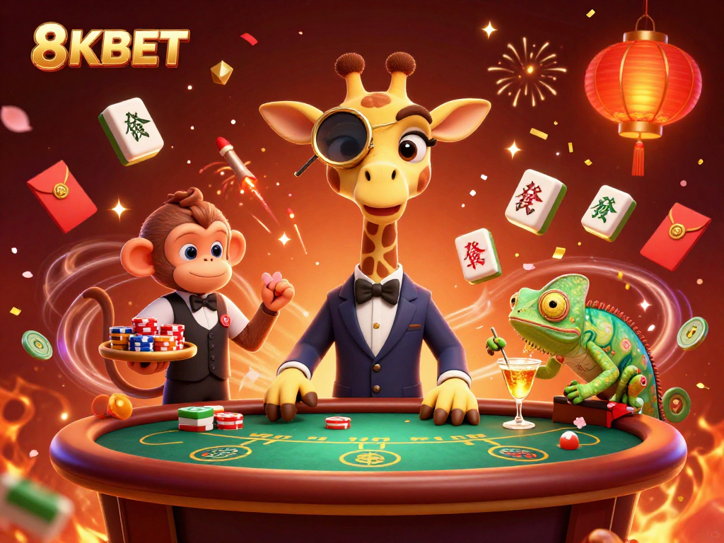 8KBET celebrates with a high-roller giraffe and a monkey valet at a VIP poker table, radiating excitement.