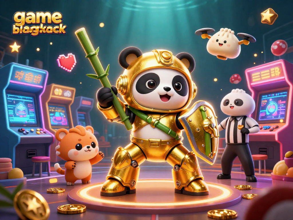 Engage in game blackjack with a mech-suit panda in a colorful casino arena.