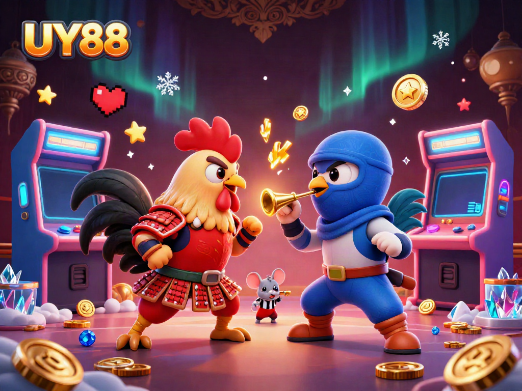Experience thrilling entertainment at UY88 with a vibrant 3D carnival scene of roosters competing.