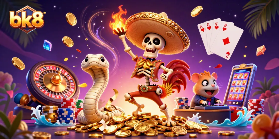 Engage with bk8's dynamic gaming scene featuring festive characters and casino elements.