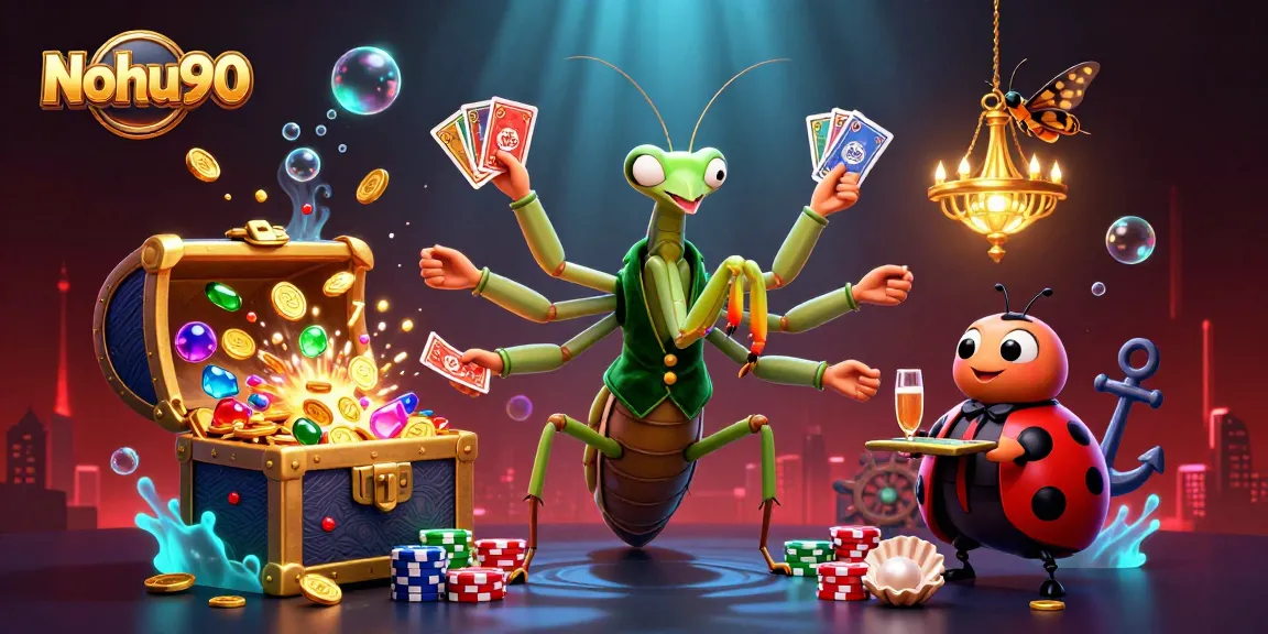 Nohu90 showcases thrilling casino action with a 3D mantis dealer and vibrant jackpot elements.