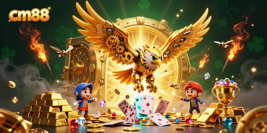 Win big with cm88's casino adventure showcasing a golden eagle amidst treasure and cards.