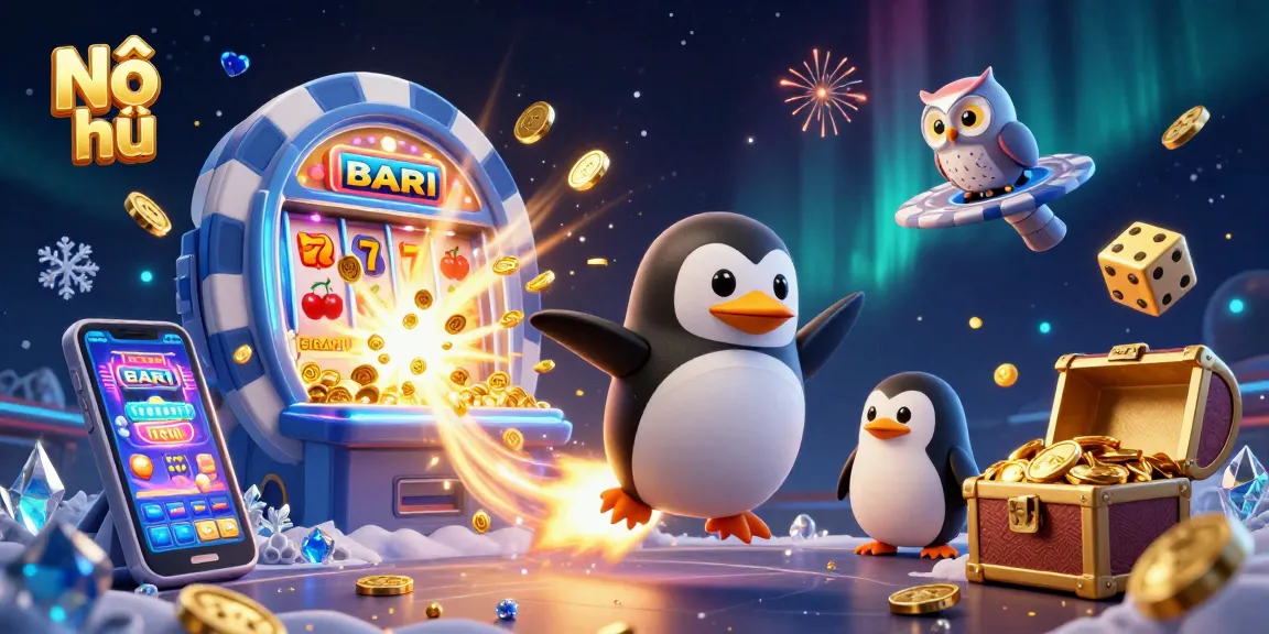 Nổ hũ thrills with a golden penguin and a jackpot explosion amidst vibrant casino elements.