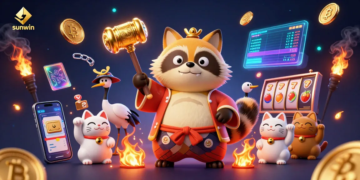 Experience sunwin's vibrant casino atmosphere with a cheerful tanuki, Bitcoin elements, and slot visuals.