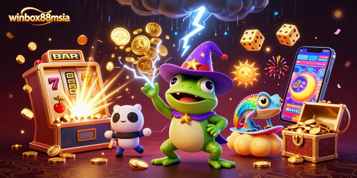 Play thrilling games at winbox88msia with magical creatures surrounded by a jackpot explosion.