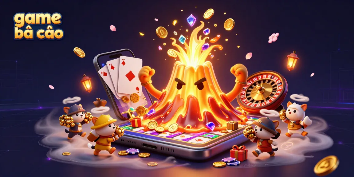 Experience thrilling game bài cào action with vibrant treasure erupting from a magical volcano scene.