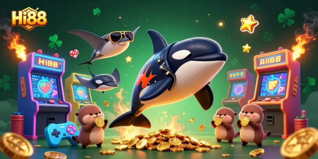 Experience thrilling gaming with Hi88 featuring colorful characters, golden coins, and dynamic arcade elements.