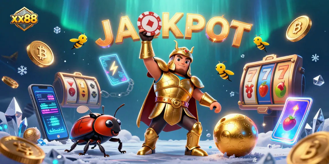 Win big at xx88 with a victorious beetle celebrating jackpots, surrounded by casino elements.