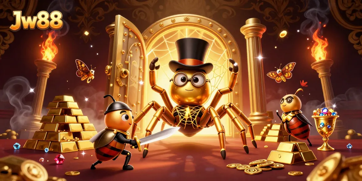 Experience Jw88's thrilling casino adventure with a golden tarantula and brave beetle knight in a rich 3D scene.