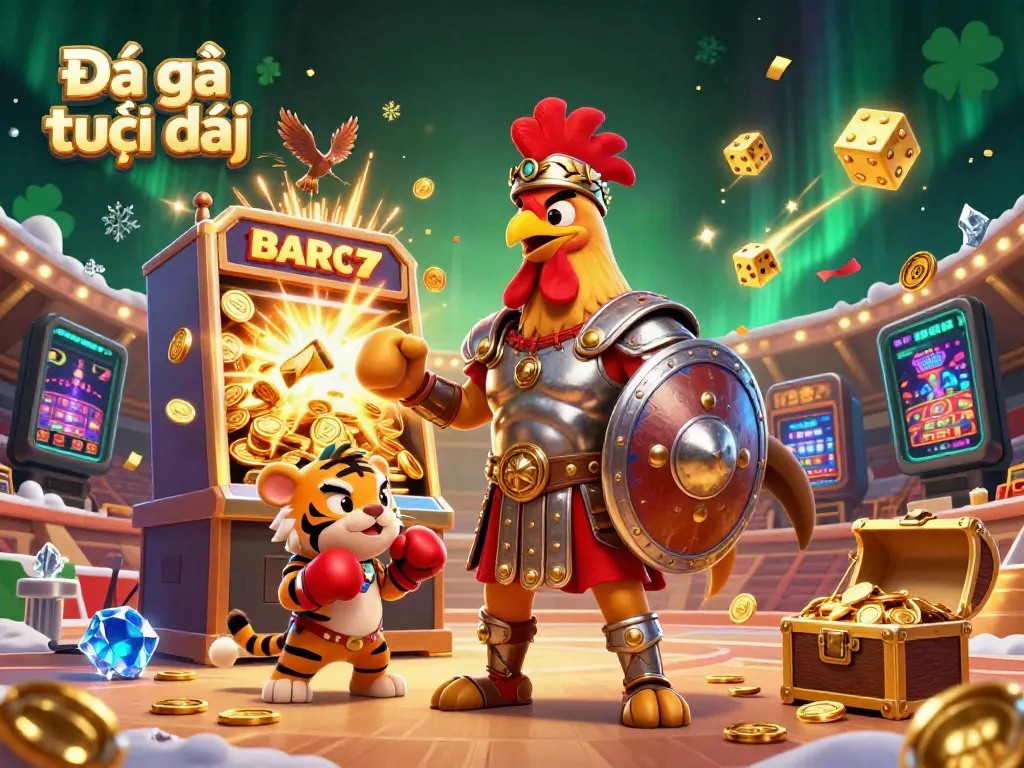 Watch adrenaline-pumping Đá gà trực tiếp action in a vibrant, packed colosseum scene with roosters and casino elements.
