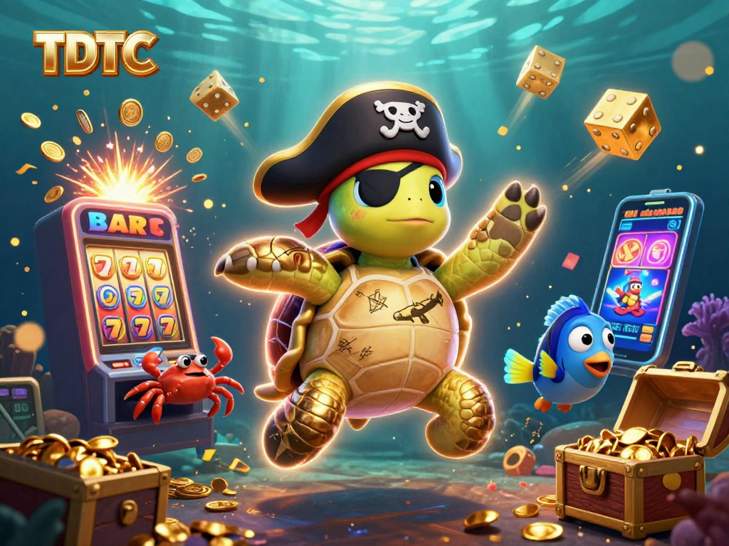 Engage with TDTC's thrilling 3D casino scene featuring a pirate turtle, a golden hermit crab, and explosive slot machine action.