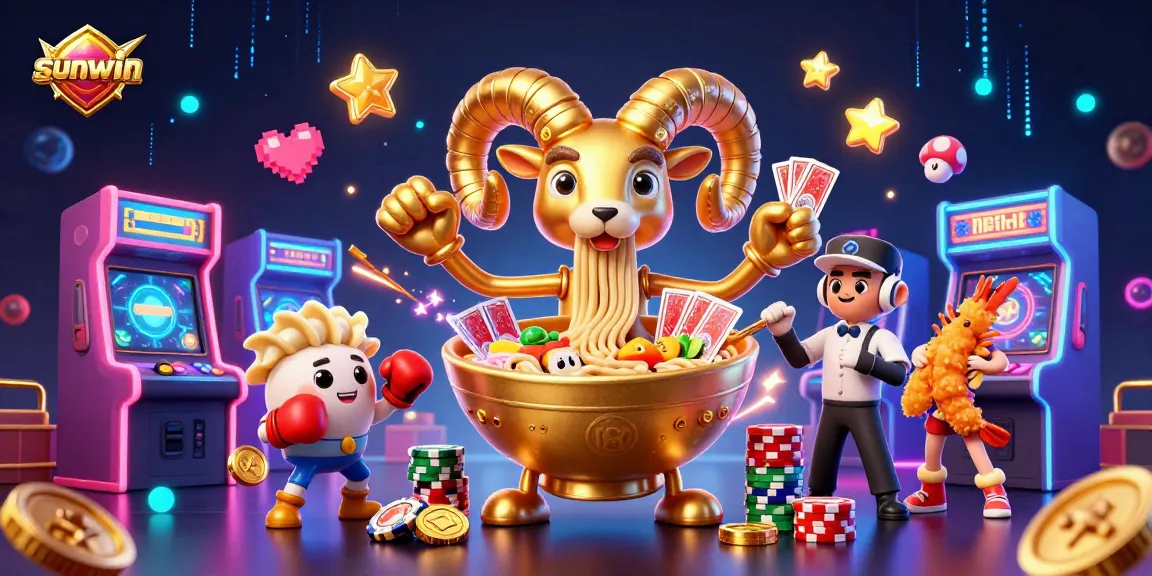 Immerse in the vivid world of sunwin with a golden ramen bowl dealer and energetic game elements.
