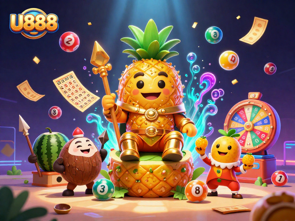 U888 players enjoy vibrant lottery games amidst a dynamic casino scene filled with festive elements.