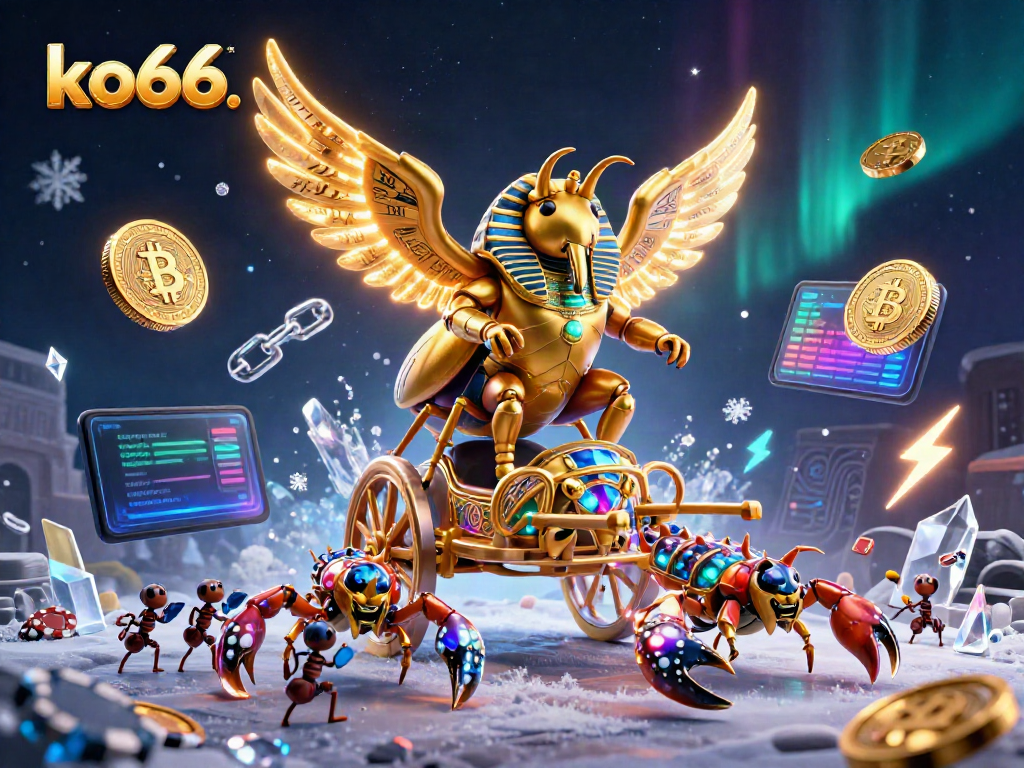 Experience the thrilling world of ko66 with a vibrant 3D illustration highlighting a gold scarab beetle and crypto elements.
