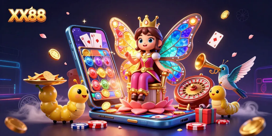 Experience XX88's vibrant casino world with a butterfly queen, casino games, and golden chips in 3D.