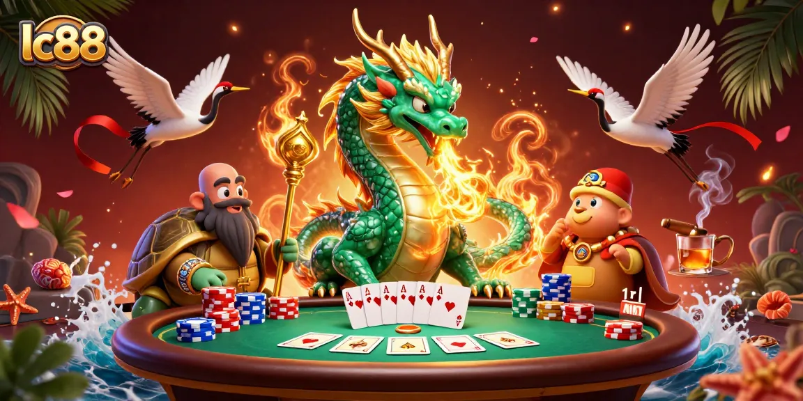 Engage in thrilling gameplay at lc88 with a vibrant dragon, turtle sage, and poker elements.