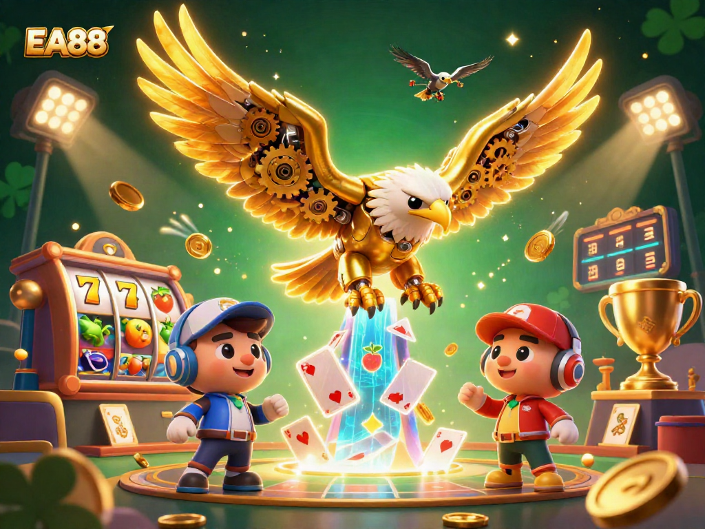 EA88 display featuring a cybernetic eagle amidst slot reels, vibrant gaming elements, and dynamic energy.