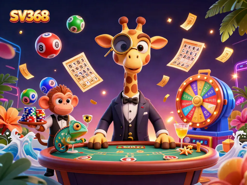 Experience the vibrant energy of SV368 with a dynamic gambling scene featuring colorful characters and exciting casino elements.