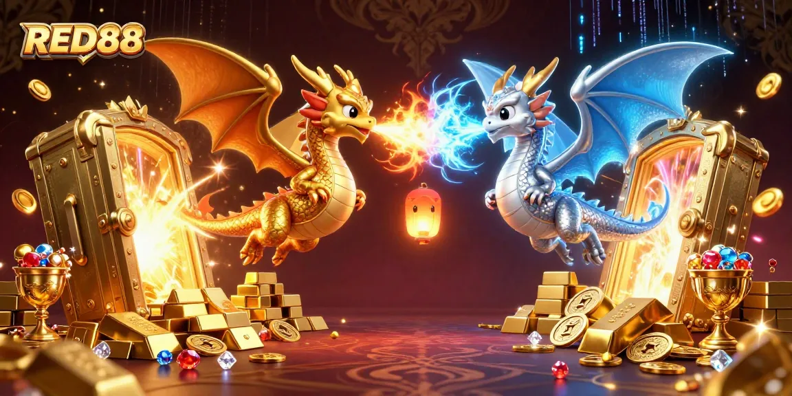 Engage in thrilling gameplay with RED88 as cartoon dragons symbolize fortune and luck in a vibrant casino scene.