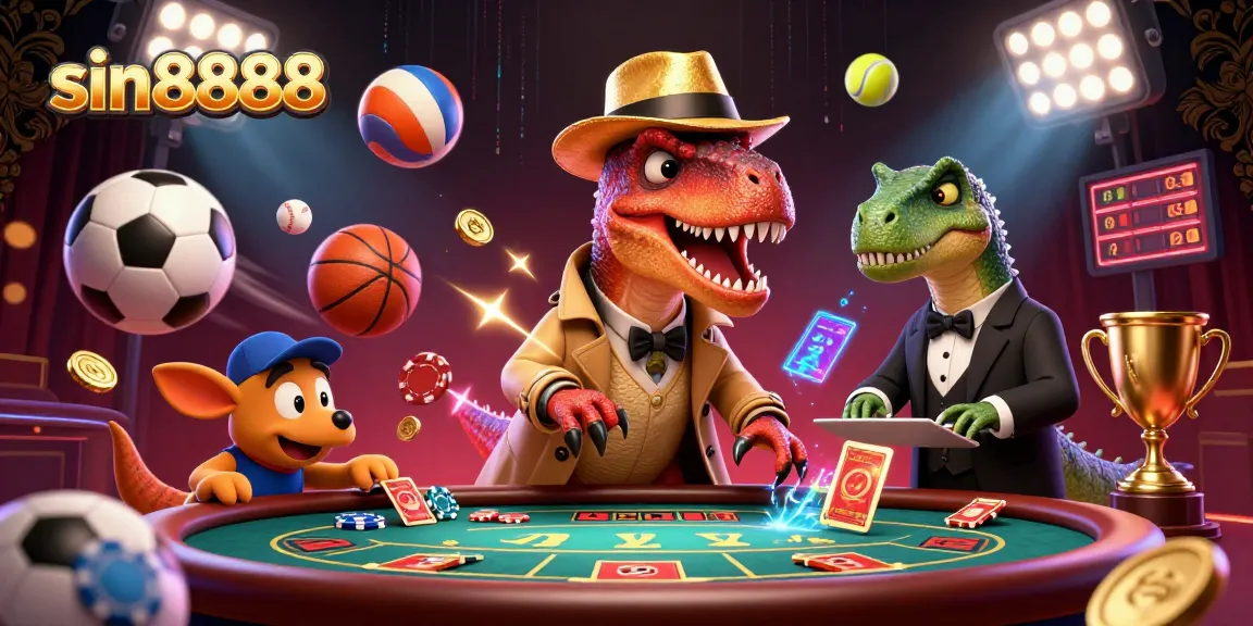 Watch sin8888's velociraptor card counter at blackjack, surrounded by flying sports elements and glowing atmosphere.