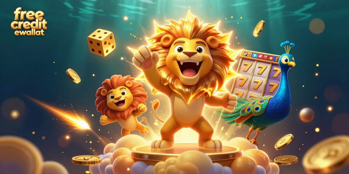 Engage with free credit ewallet and discover thrilling slots, golden coins, and lucky symbols in vibrant casino illustration.
