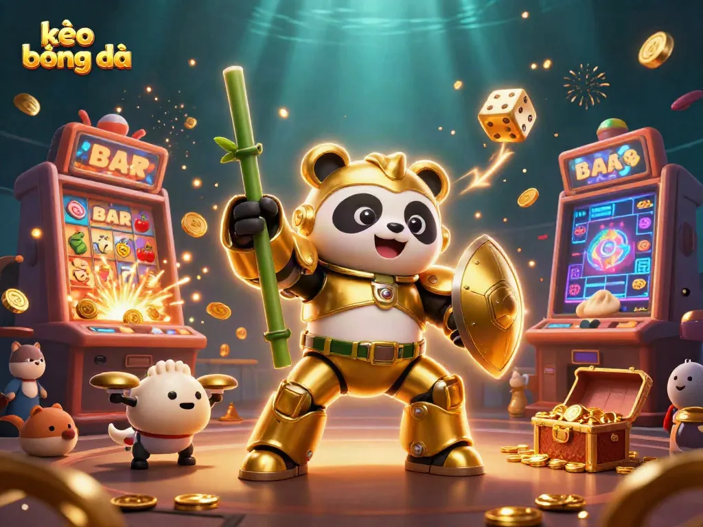 Experience thrilling action in kèo bóng đá with a golden panda in a mech-suit amidst a vibrant sports betting arena.
