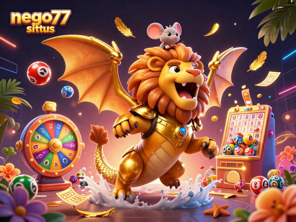 Engage in thrilling action with nego77 situs featuring a roaring chimera and dynamic lottery elements.