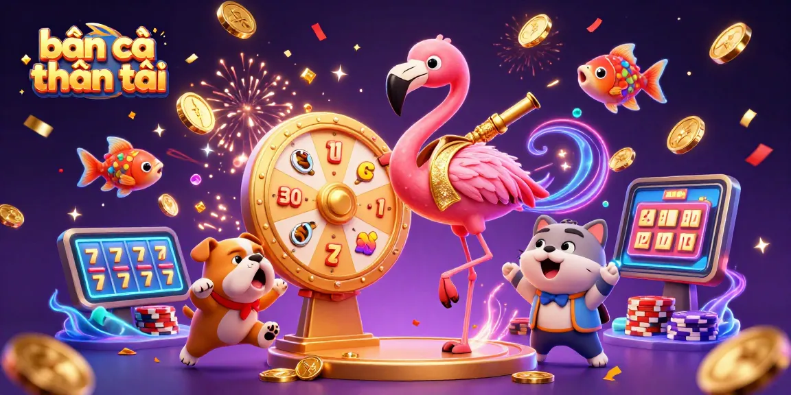 Bắn cá thần tài game show scene with an excited bulldog and flamingo host, featuring dynamic prizes.