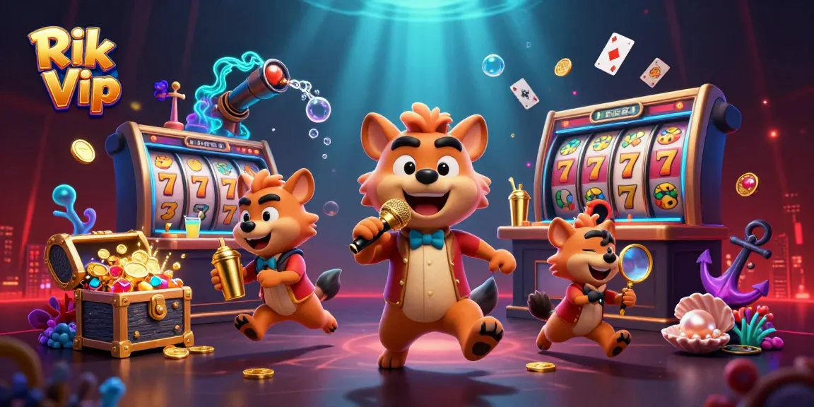 Experience the thrilling entertainment of Rik Vip with vibrant games and fun characters in a casino scene.
