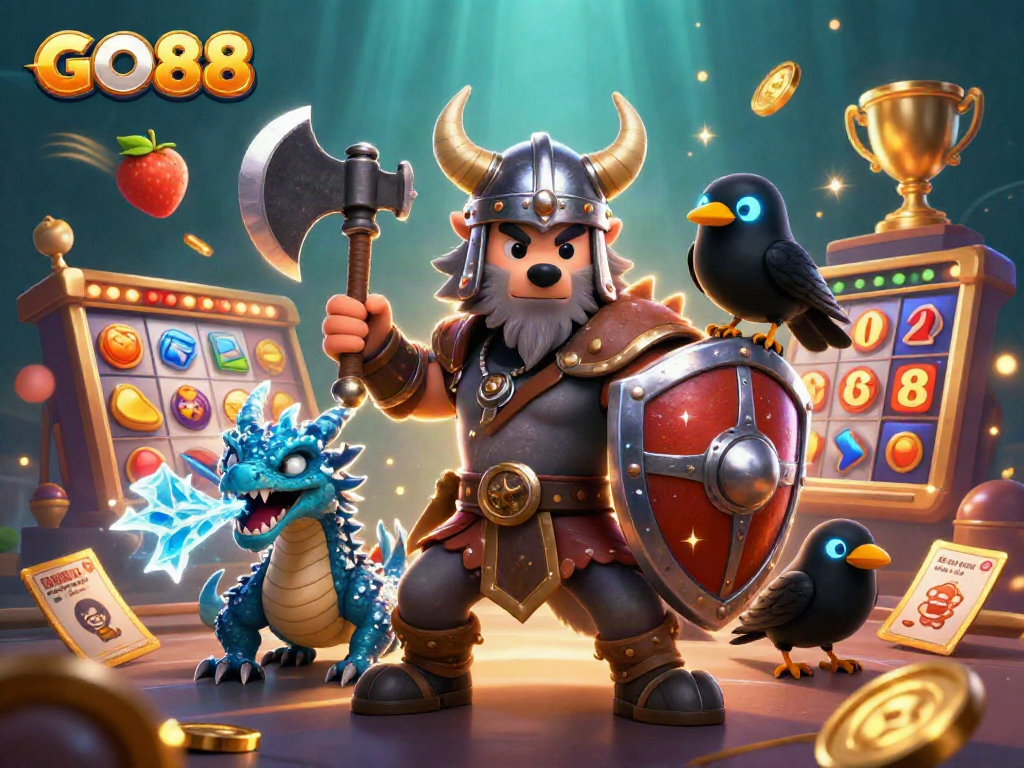Experience the excitement of GO88 with slots, characters, and casino elements in this dynamic 3D scene.