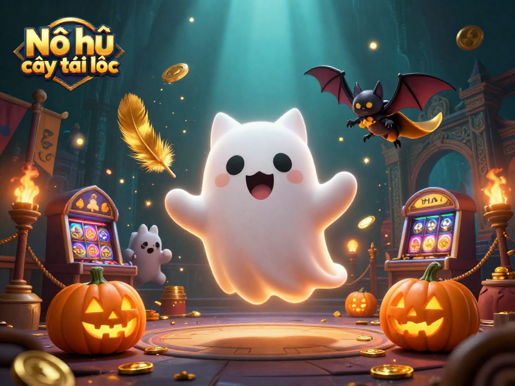 Nổ hũ cây tài lộc lively scene depicting ghost cat and vampire bat in a rich casino backdrop, showcasing dynamic slot elements.