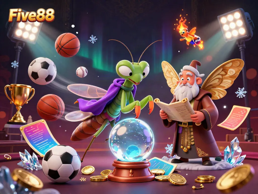 Engage with Five88's vibrant gaming atmosphere featuring sports balls and a mystical fortune teller.