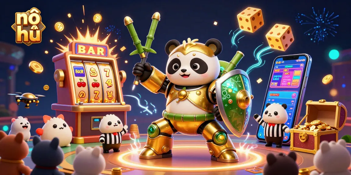 Experience the thrill of nổ hũ as a golden panda battles in a vibrant casino world, rich in symbols and excitement.