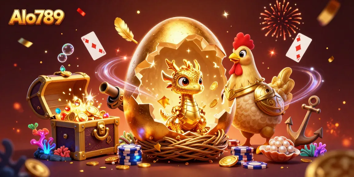 Alo789 showcases a vivid scene with a golden egg and dragon amidst exciting casino elements.